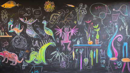 Aufkleber - Vibrant Surreal Digital of Fantastical Creatures and Cosmic Landscapes  Imaginative whimsical and highly detailed digital art piece featuring a variety of abstract psychedelic