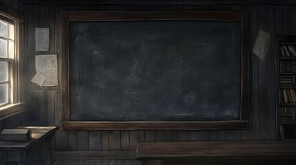 Leinwandbilder - Vintage Rustic Classroom Interior with Empty Chalkboard and Bookshelves  Cozy Dark Wooden Desk and Furniture in an Old School Setting Ideal for Education or Academic Concepts
