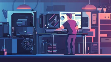 Person working on futuristic computer, tech lab, night scene, digital art, illustration
