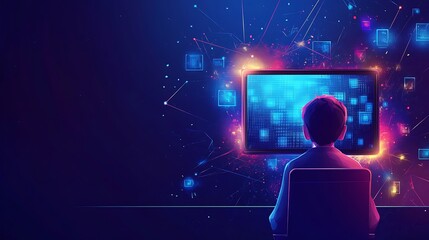 Person working on computer, digital interface