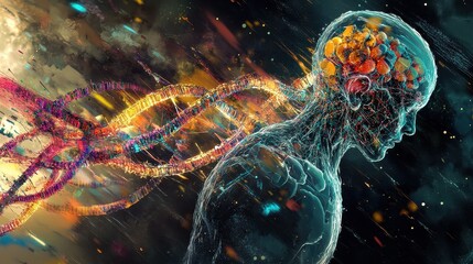 Digital DNA strands forming a cybernetic humanoid side view digital tone Tetradic color scheme.