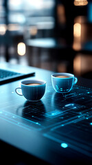 two glowing coffee cups sit on a digital table, surrounded by a futuristic interface, suggesting a b