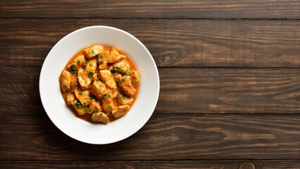 Sticker -  Indian dish chicken tikka masala on plate on wooden background