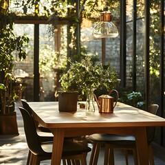 Wall Mural - Closeup view of a craft oak wooden table with sleek chairs featuring a copper watering can on the side set against a modern floor in a lush sunlit orangery filled with greenery