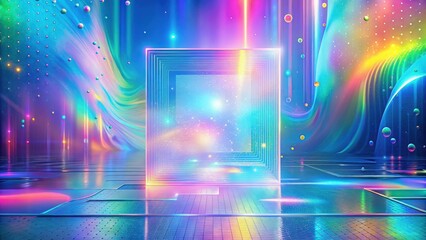 Fototapete - A luminous, iridescent gateway framed by shimmering light streaks, leading into a vast expanse of abstract space with a glimmering nebula, surrounded by floating orbs and a reflective, tiled surface.