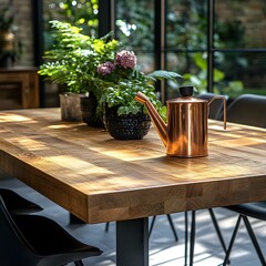 Wall Mural - Closeup view of a craft oak wooden table with sleek chairs featuring a copper watering can on the side set against a modern floor in a lush sunlit orangery filled with greenery