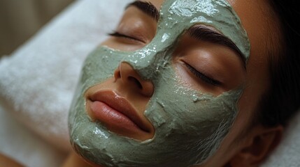 Wall Mural - A woman enjoying a relaxing facial at a spa lies with her eyes closed while a beautician applies a soft green mask with a brush