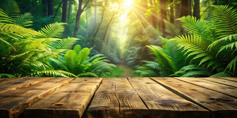 Aufkleber - Rustic Wooden Plank Tabletop with a Lush Green Forest Background and Sunlight Streaming Through the Canopy