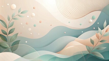 Fototapete - Abstract Minimalist Background with Wavy Lines, Leaves, and Scattered Circles