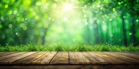 Aufkleber - A rustic wooden table with a grassy edge, set against a backdrop of a sun-drenched forest with a soft green bokeh effect.