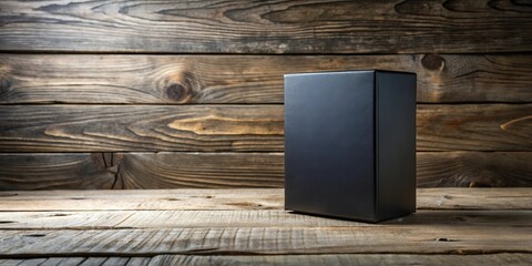 Poster - A black box sits on a rustic wooden surface, providing a minimalist and elegant backdrop for product display or graphic design.