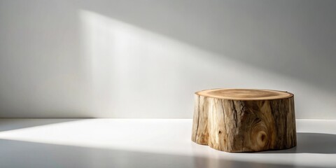 Poster - A wooden tree stump on a white surface with light shining through a window