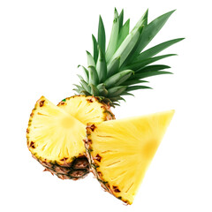 Wall Mural - Half of a fresh pineapple with bright yellow flesh and green spiky leaves, isolated on white transparent background, symbolizing tropical freshness