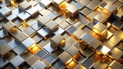 Wall Mural - A mesmerizing array of gold and silver cubes, each reflecting light in a unique way, creating a captivating abstract pattern.