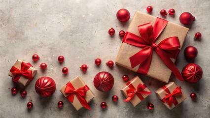 Wall Mural - Festive Holiday Celebration with Rustic Brown Gift Boxes Adorned with Elegant Red Ribbons and Shiny Christmas Ornaments on a Subtle Grey Background