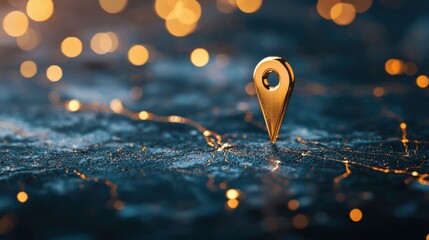 Poster - Icon Pin Location gold Luxurious gold pin location icon with a shiny metallic finish, placed on a dark map with golden accents, represents a high end location or VIP area