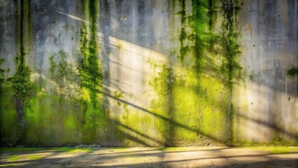 Fototapete - A weathered concrete wall covered in patches of moss, illuminated by sunlight casting long shadows across the surface.
