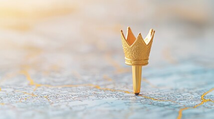 Poster - Icon Pin Location gold Ornate gold pin icon with a crown design, placed on a map with historical landmarks, symbolizes a royal palace or historical site