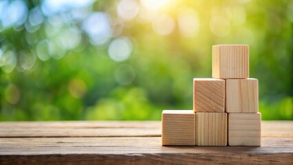 Poster - Wooden Blocks Arranged in a Stack on a Tabletop with a Natural Green Bokeh Background