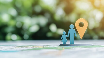 Poster - Icon Pin Location Colourful Silhouette Pin location icon with a multicolored silhouette of a family, placed on a map with parks and recreational areas, indicates a family friendly destination