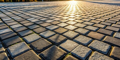 Fototapete - A sunlit pathway of square stones with a slight green hue, showing a close-up view of the textured surface and the gradual fade into the distance