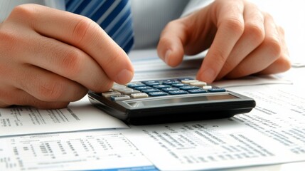 Aufkleber - A person is using a calculator while reviewing financial documents and paperwork, focusing on calculations and data analysis.