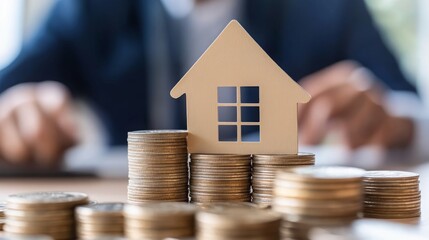 Poster - A house model sits atop stacks of coins, symbolizing real estate investment and financial growth in a professional setting.