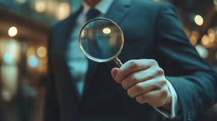 Poster - A suited individual holds a magnifying glass, suggesting investigation or analysis in a blurred, sophisticated setting.
