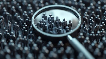 Aufkleber - A magnifying glass focuses on a cluster of miniature figures, symbolizing analysis, scrutiny, or research in a crowd.