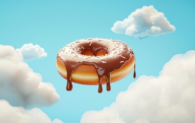 Canvas Print - Flying glazed donut with dripping chocolate on a dreamy pastel cloud background