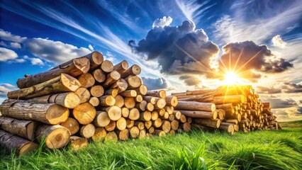 Aufkleber - A stack of logs rests against a backdrop of a vibrant sunset sky, creating a picturesque scene of natural beauty.
