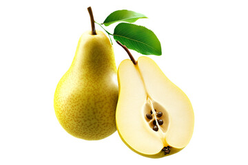 Wall Mural - Whole ripe pear and sliced half with visible seeds and green leaf isolated on white transparent background, concept of fresh fruit and nutrition