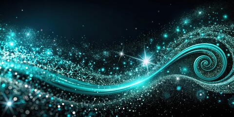 Wall Mural - A swirling trail of turquoise light on a black background with scattered stars and bokeh effects