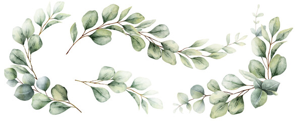 watercolor set of wreaths with green eucalyptus leaves and branches. greenery clipart for wedding in