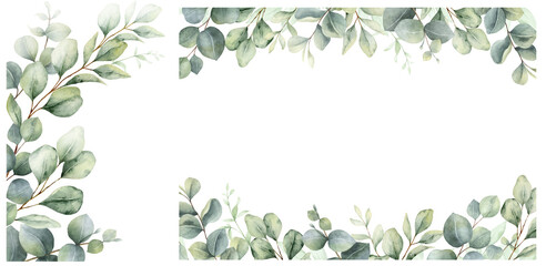 watercolor set of frames and wreaths with green eucalyptus leaves and branches. greenery clipart for