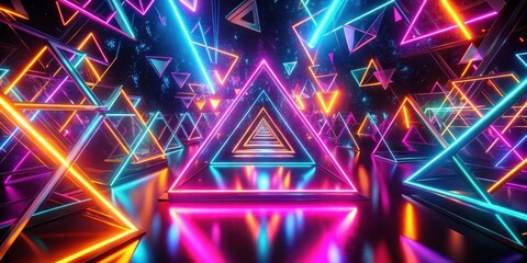 Fototapete - A vibrant abstract composition of neon triangles, glowing with vibrant colors and shimmering with reflected light, creating a mesmerizing and futuristic visual experience.
