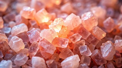 Wall Mural - Macro Close-Up of Pink Himalayan Salt Crystals, Sparkling with an Inner Light, Texture and Detail, Natural Mineral