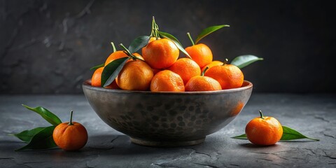 Aufkleber - A bowl filled with fresh, juicy mandarins, their vibrant orange peel reflecting the warm light, sits on a dark, textured surface, with a few stray leaves adding a touch of nature's artistry.