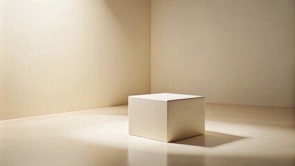 Poster - Minimalist Cube Podium with Soft Light and Shadow in a Neutral Setting
