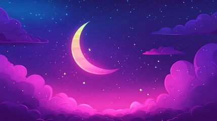 Wall Mural - Night Sky, Crescent Moon, Clouds, Artistic Background Image, Digital Illustration, Colorful