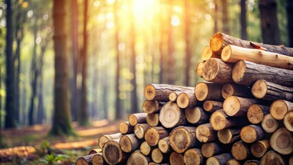 Aufkleber - A stack of neatly arranged logs in a sun-dappled forest, showcasing the beauty and resilience of nature's bounty.