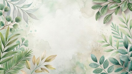 Aufkleber - Watercolor painted foliage arranged in a border around a neutral backdrop with subtle watercolor splatters