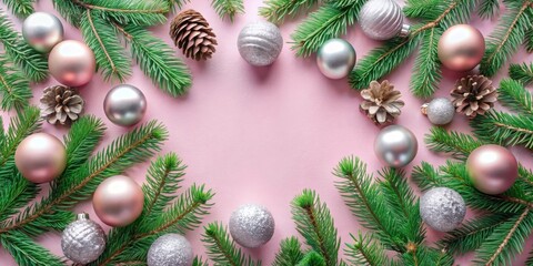 Wall Mural - A festive arrangement of shimmering silver and delicate blush-colored ornaments nestled amidst lush evergreen branches on a soft pink background.