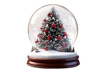Wall Mural - a luminous christmas tree decorated with red and silver baubles inside a glass snow globe with intri