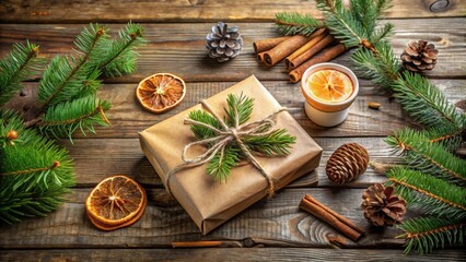 Aufkleber - A rustic Christmas gift wrapped in brown paper with a sprig of evergreen and tied with twine, surrounded by dried orange slices, cinnamon sticks, and pine cones on a wooden surface.