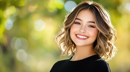 A close-up portrait of a young woman with a wide, genuine smile, showcasing joy and happiness, soft natural lighting