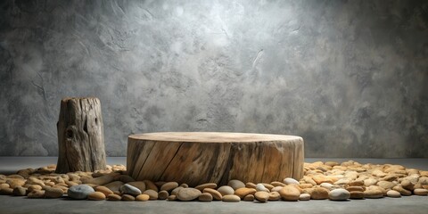 Poster - Rustic Wooden Platform with Stone Surround on Gray Concrete Background