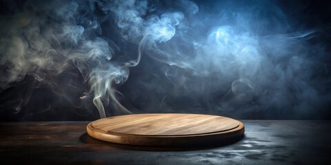 Poster - A round wooden platform sits atop a dark wooden surface against a backdrop of swirling smoke and shadows.
