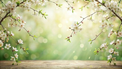 Poster - Delicate White Blossoms Frame a Rustic Wooden Surface, Creating a Serene Springtime Scene