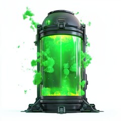 Glowing green gas leaking from a sci-fi containment unit, centered on a clean white background